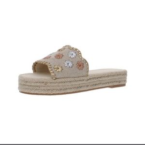Jack Rogers platform slide sandals tan metallic floral size 7.5
